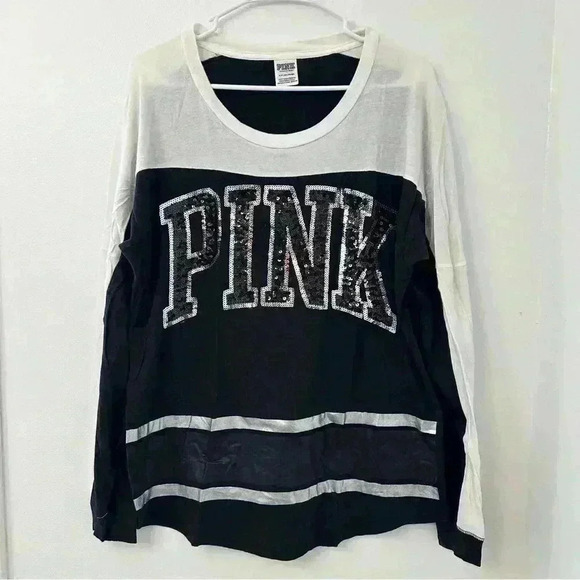 PINK Victoria Secret Long Sleeve Crewneck Women’s Sz Small Bling Black and White - Picture 1 of 6
